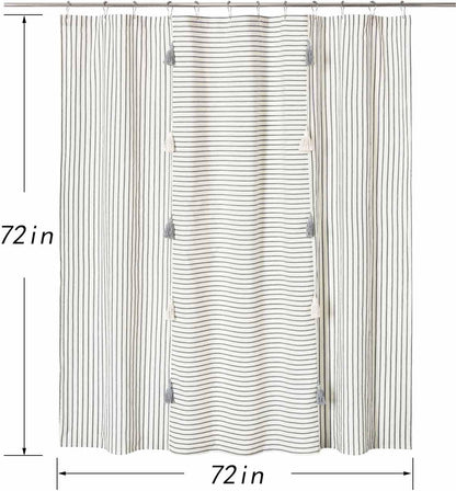 Gray and Beige Stripe Patchwork Cotton Fabric Tassel Shower Curtain for Bathroom,Farmhouse,Country Rustic and Cute Style,72 X 72 In