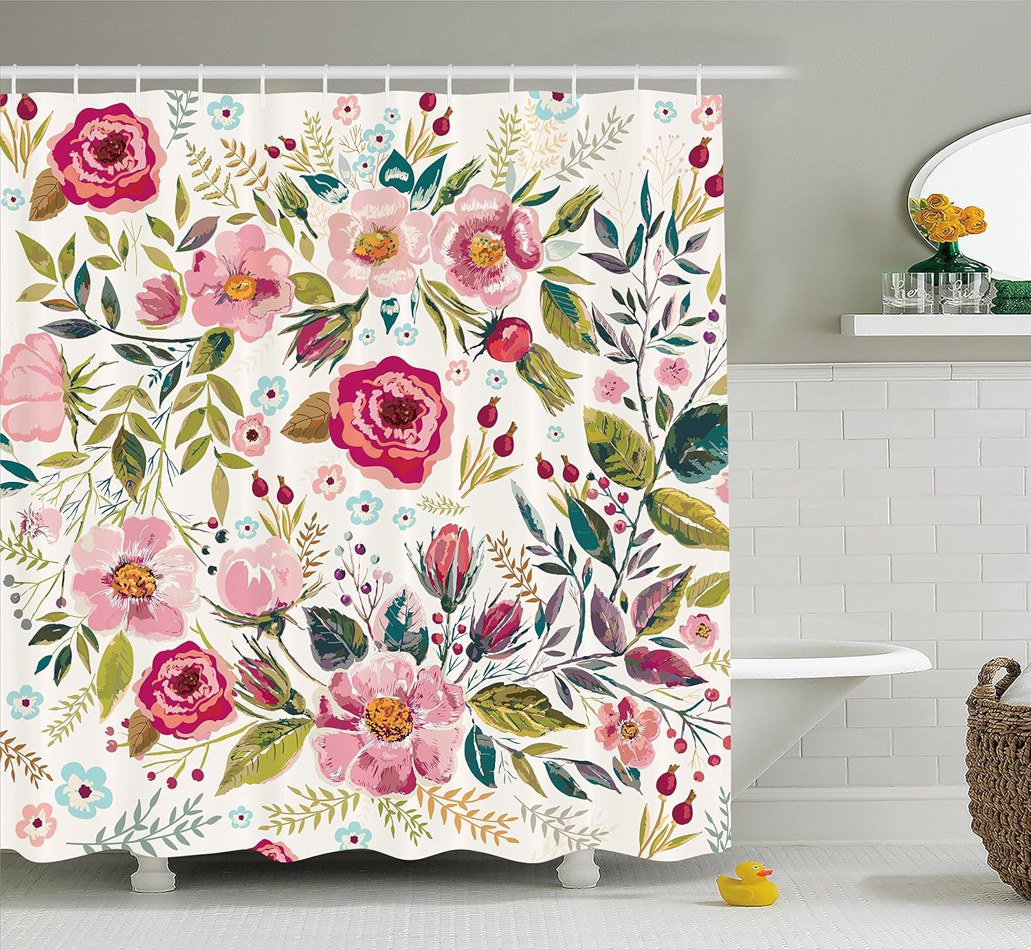 Floral Shower Curtain, Shabby Form Flowers Roses Petals Dots Leaves Buds Spring Season Theme Image, Cloth Fabric Bathroom Decor Set with Hooks, 69" W X 70" L, Magenta