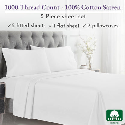 1000 Thread Count Split King Sheets for Adjustable Bed, Winner Architectural Digest Best Sheet, Luxury 100% Cotton Sateen Bed Sheets, Softer than Egyptian Cotton (White)