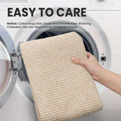 Washable Runner Rug 2X6 Ft Non Slip Runners for Hallways Cotton Rubber Backed Kitchen Runner Braided Indoor Floor Carpet Runners for Entryway, Hallway, Kitchen, Bedroom, Beige/White