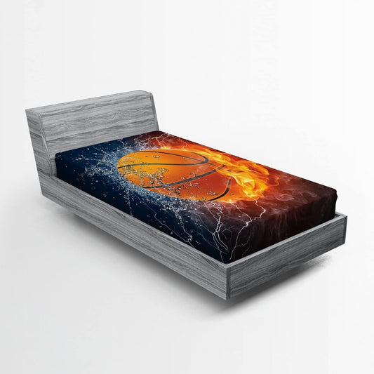 Sports Fitted Sheet, Basketball Ball and Water Splashing Thunder Lightning Themed Design, Bed Cover with All-Round Elastic Deep Pocket for Comfort, Twin Size, Dark Blue and Burgundy