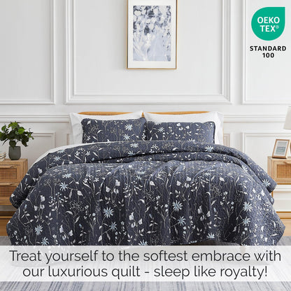 Oversized Queen Size Quilt Bedding Set, All Season Lightweight Bedspread, Boho Coverlet Full Size, Floral Bedding 3-Piece Set with Two Matching Shams, Full/Queen, Blue