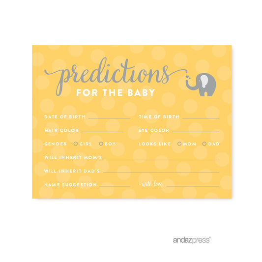 Yellow Gender Neutral Elephant Baby Shower Games, 20-Pack