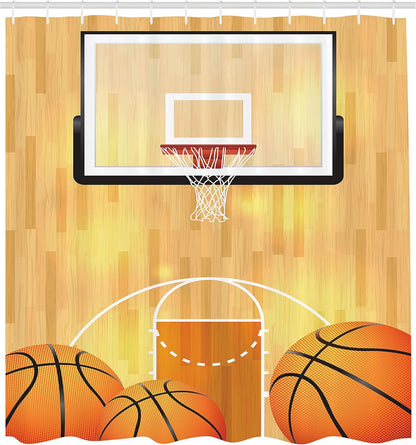 Sports Shower Curtain, Vivid Basketball Court Balls and Hoop Madness Rim Court Parquet Hardwood, Cloth Fabric Bathroom Decor Set with Hooks, 69" W X 75" L, White Orange