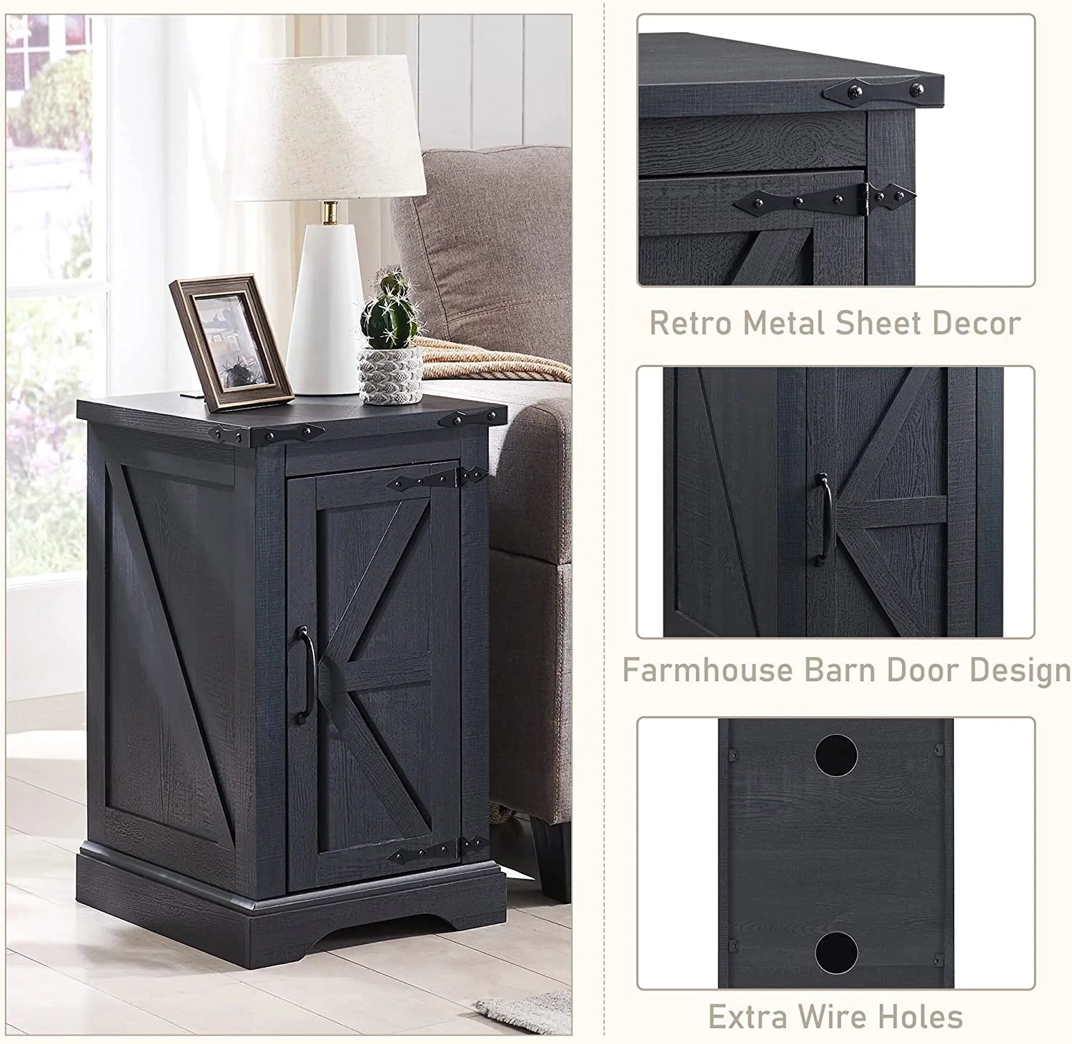 Farmhouse Nightstand with Charging Station, Wood End Table Side Table, Black