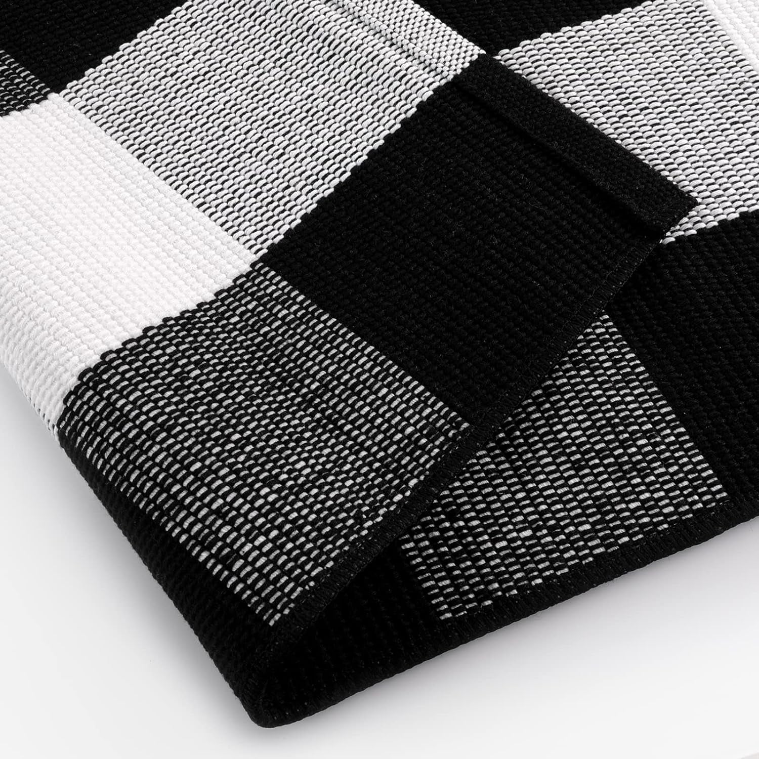 Buffalo Plaid Outdoor Rug Runner Doormat 24'' X 51", Black/White Cotton Woven Checkered Farmhouse Porch Outdoor Rugs, Washable Indoor Door Mat for Front Layered Kitchen Bathroom Laundry Room