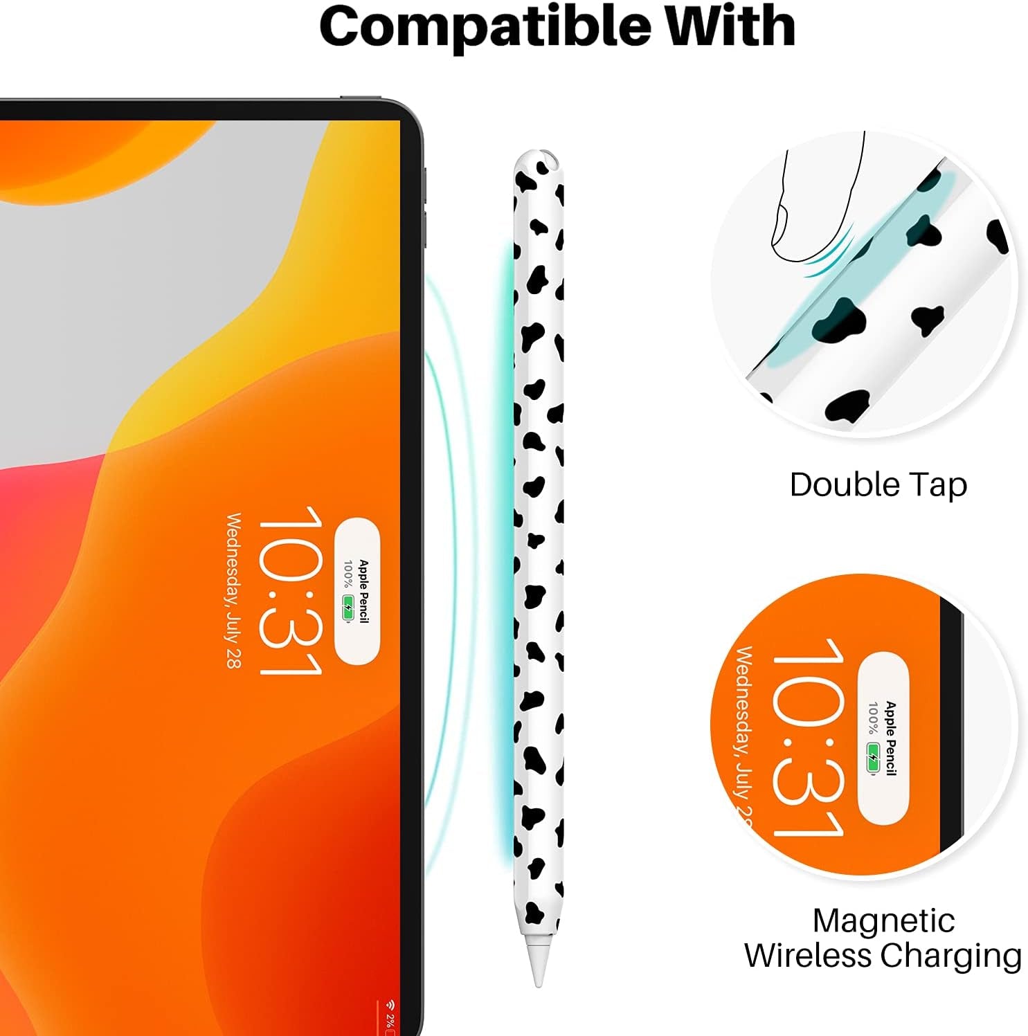 Cow Print Case for Apple Pencil 2Nd Generation Case Cover Silicone Protective Sleeve Skin Accessories with 10Pcs Apple Pencil Tips Cover (Black)