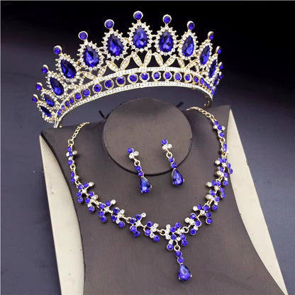Luxury Crystal Bridal Jewelry Sets for Women Pink Tiaras Necklaces Earrings Set Bride Wedding Dress Birthday Crown Set Accessory
