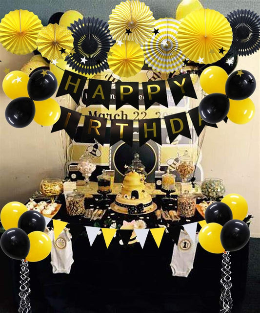 Yellow Black Party Decoration - Happy Birthday Banner with Balloons, Triangular Pennants, Hanging Swirls, Paper Fans, Circle Star Paper Garland for Baby Shower Bumble Bee Theme