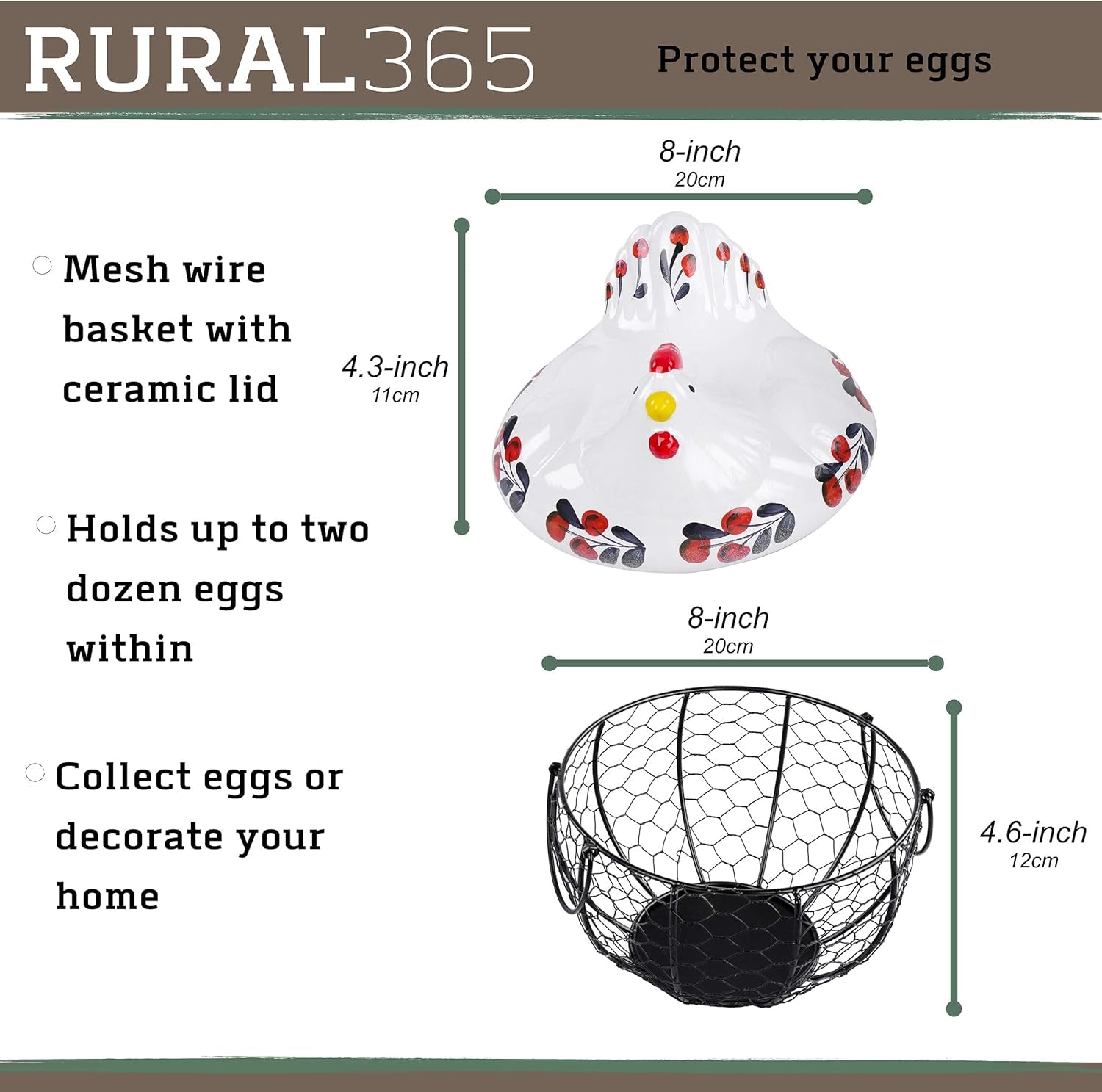 Chicken Egg Basket in Navy and Red Design Ceramic Chicken Shaped Lid with round Wire Basket Base and Handles
