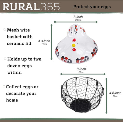 Chicken Egg Basket in Navy and Red Design Ceramic Chicken Shaped Lid with round Wire Basket Base and Handles