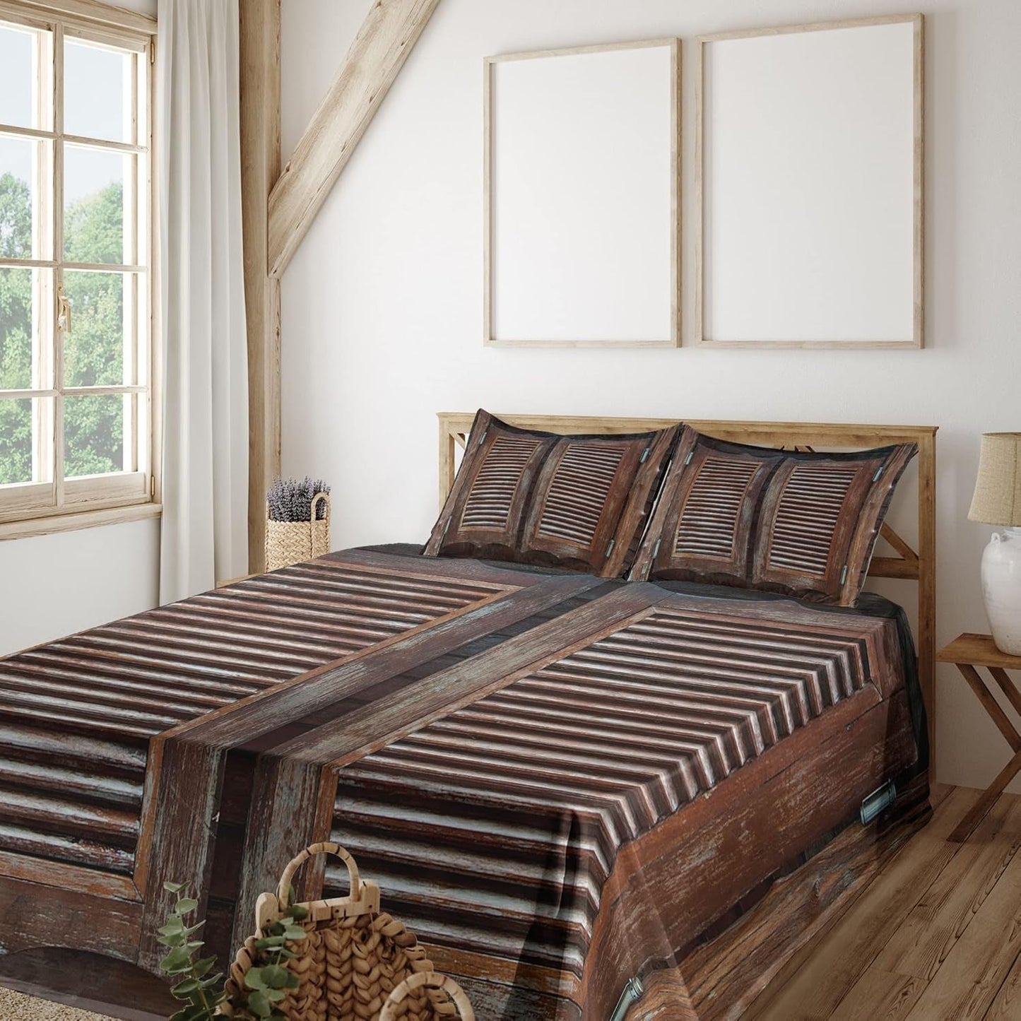 Western Sheet Set, Antique Themed Traditional Rustic Wild West Swinging Wooden Cowboy Bar Saloon Door, Fitted and Flat Sheet with Pillowcases Bedding Accent 4 Piece Set, Queen, Dark Brown