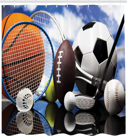 Sports Shower Curtain, Sports Equipment Football Soccer Darts Ice Hockey Baseball Basketball Theme, Cloth Fabric Bathroom Decor Set with Hooks, 69" W X 75" L, Orange Black