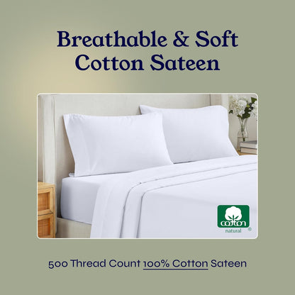 Twin Size Sheet Set - 100% Cotton 500 Thread Count, Cooling Deep Pocket Bed Sheets with Fitted Elastic Sheet, Extra Soft Luxury Hotel Quality - White