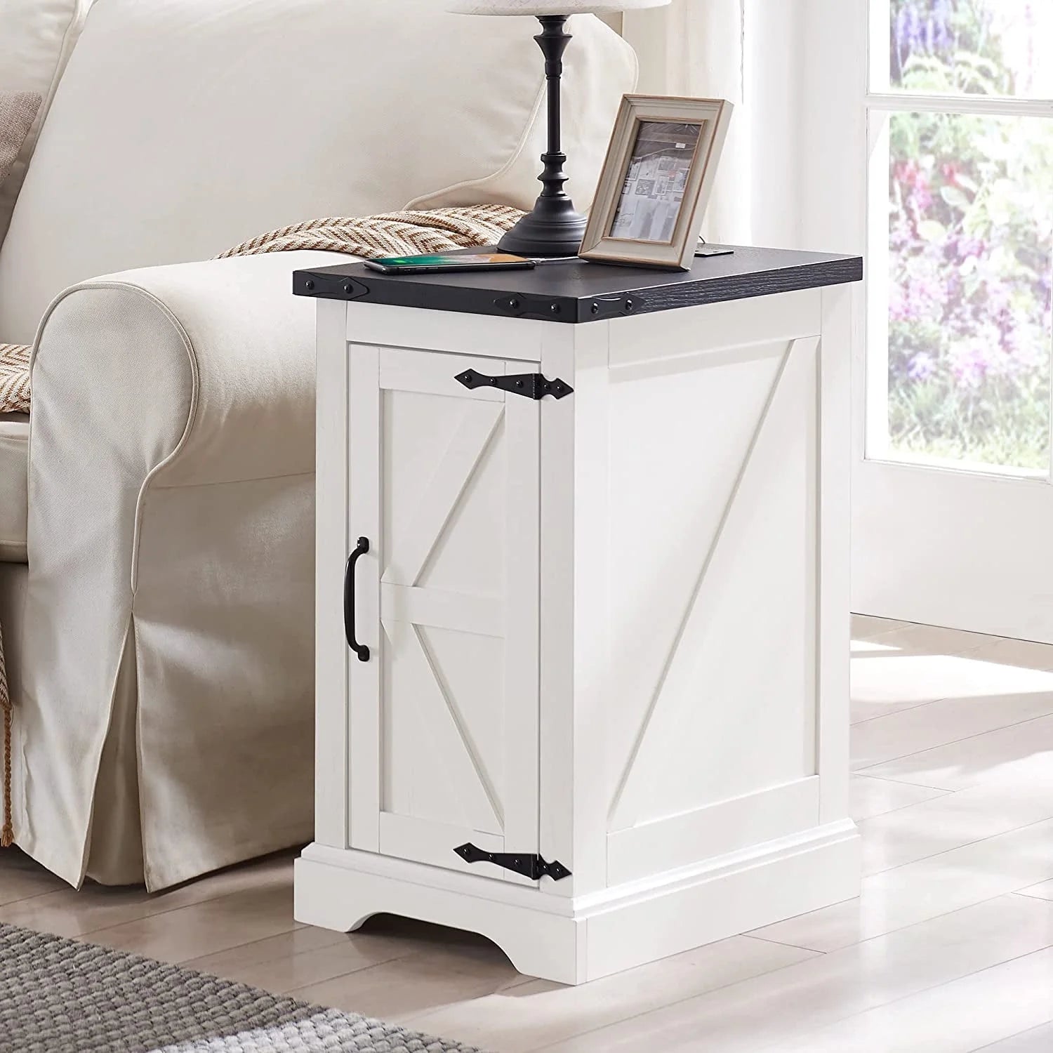 Farmhouse Nightstand with Charging Station, Wood End Table Side Table, Black