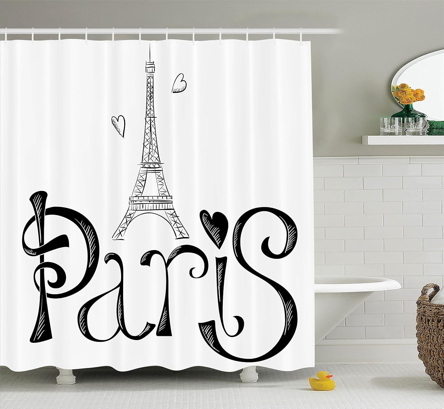 Paris Shower Curtain, Illustration with Eiffel Tower France Heart Shapes Silhouette Vacation Theme Art, Cloth Fabric Bathroom Decor Set with Hooks, 69" W X 75" L, White Black