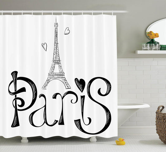 Paris Shower Curtain, Illustration with Eiffel Tower France Heart Shapes Silhouette Vacation Theme Art, Cloth Fabric Bathroom Decor Set with Hooks, 69" W X 75" L, White Black