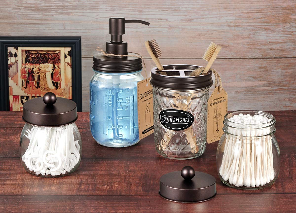 Mason Jar Bathroom Accessories Set(4 Pcs) -Lotion Soap Dispenser & 2 Cotton Swab Holder &Toothbrush Holder-Rustic Farmhouse Decor,Countertop Vanity Organize，Bathroom Home Decor (Bronze)