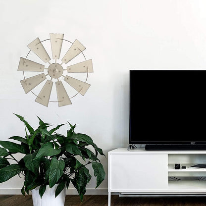 28" Farmhouse Galvanized Windmill Wall Sculpture Home Decor Rustic Metal Rustic Wall Art Decoration, Beige