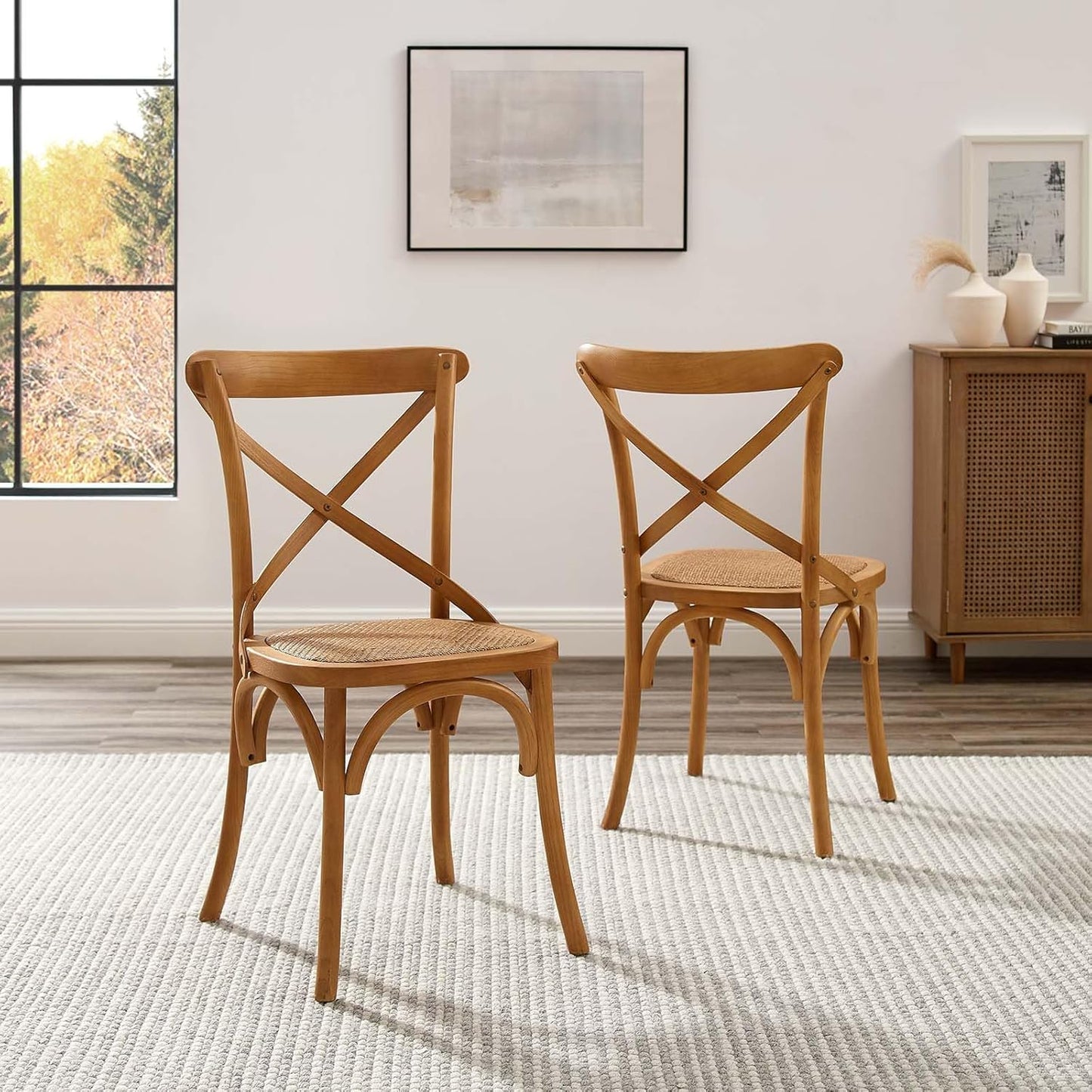 Gear Rustic Modern Farmhouse Elm Wood Rattan Two Dining Chairs in Walnut