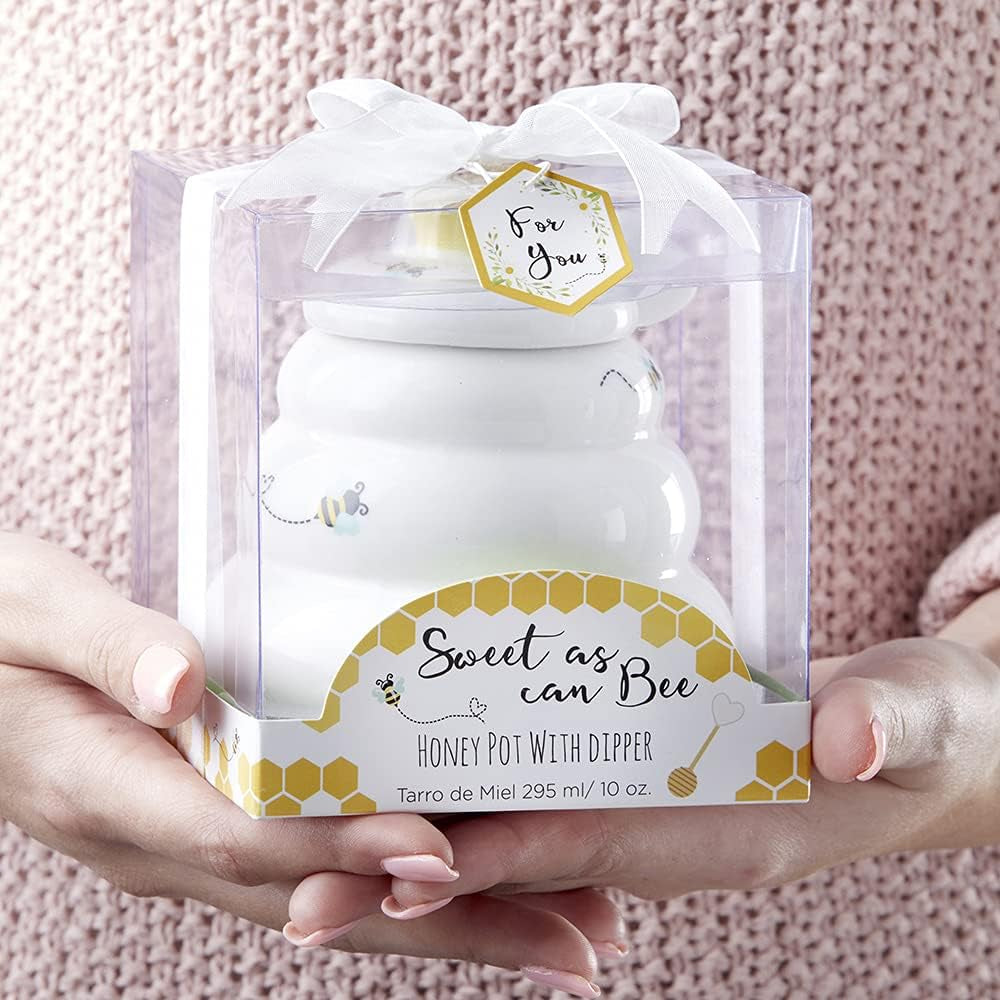 Sweet as Can Bee Ceramic Large Honey Pot with Wooden Honey Dipper (10 Oz), Kitchen Decor, Bumblebee Baby Shower Prize, Take Home Gift, Bee Decorations