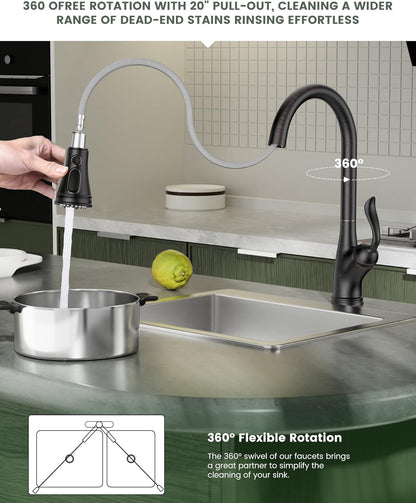 Pull down Kitchen Faucet with Sprayer Oil Rubbed Bronze, Single Handle One Hole High Arc Pull Out Spray Head Kitchen Sink Faucet with Deck Plate