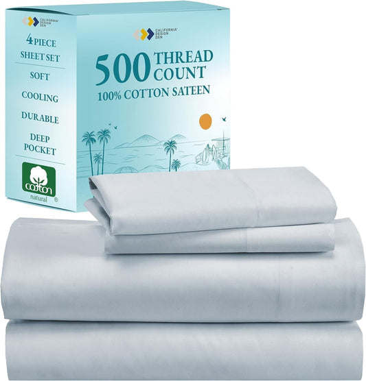 - Finest Queen Cotton Sheet Set, Soft 100% Cotton Cooling Sheets Deep Pockets Set, Snug Fit Elastic, 500 Thread Count, Sheet Sets for Bed (Light Blue)