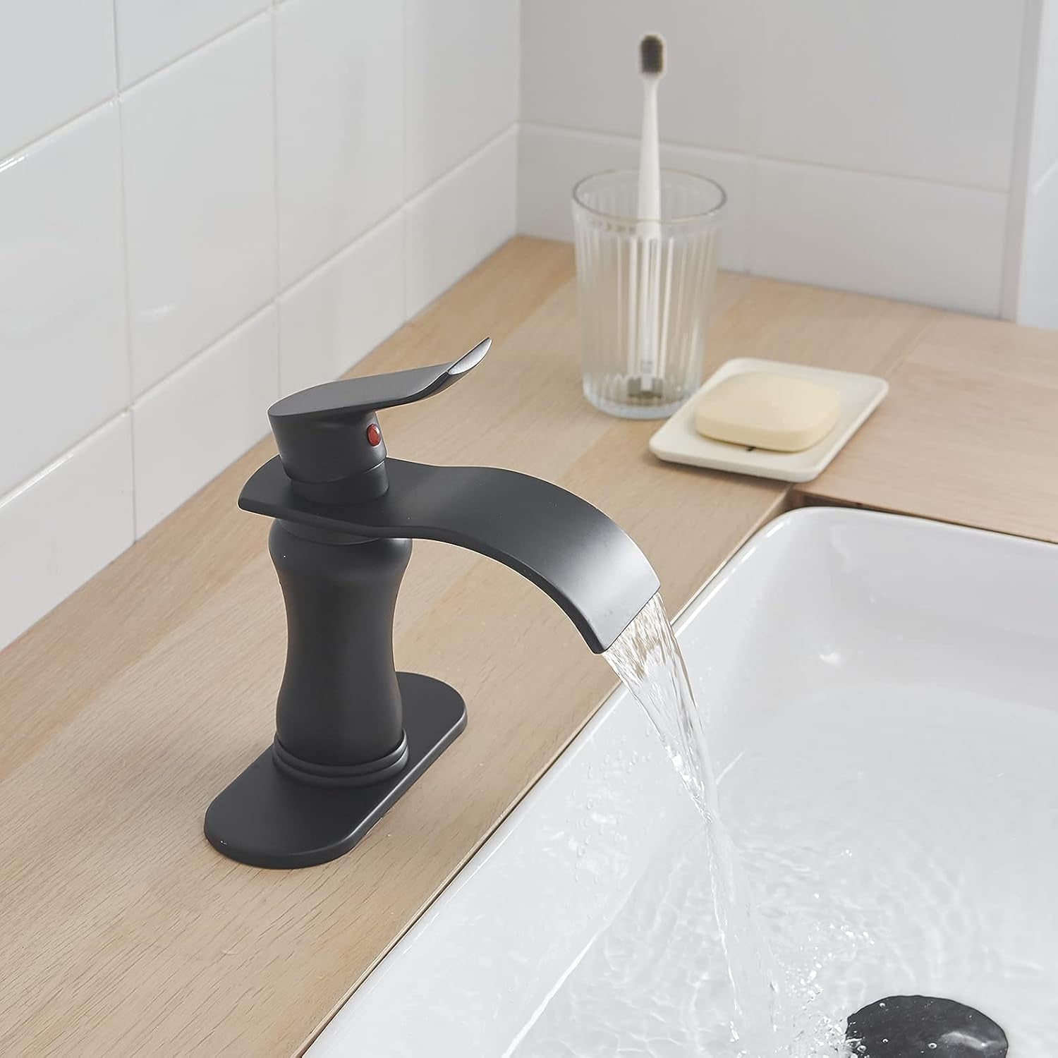 Black Bathroom Faucet Waterfall Sink Bath Faucets Parts Flat Spout Pop up Drain Stopper Matte Black Farmhouse Vanity Commercial Single Handle Single Hole Lavatory Supply Hose Lead-Free by