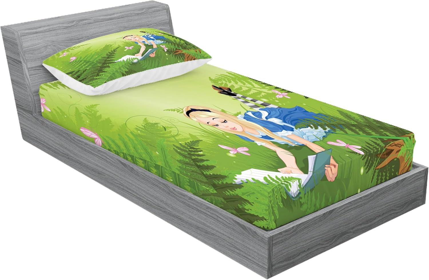 Alice in Wonderland Fitted Sheet & Pillow Sham Set, Cartoon Lady in Forest Butterfly Nature Magic Love Theme Art Retro, Decorative Printed 2 Piece Bedding Decor Set, Twin, Green Pink Blue