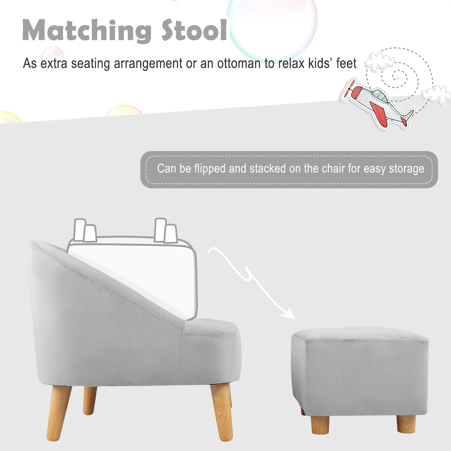 Kids Sofa Chair W/ Ottoman Toddler Single Sofa Velvet Upholstered Couch Grey