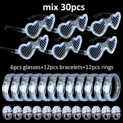 White Wedding Mix Sets LED Light up Glasses Glow Bracelets and Flashing Bumpy Rings Wedding Party Favors Supplies