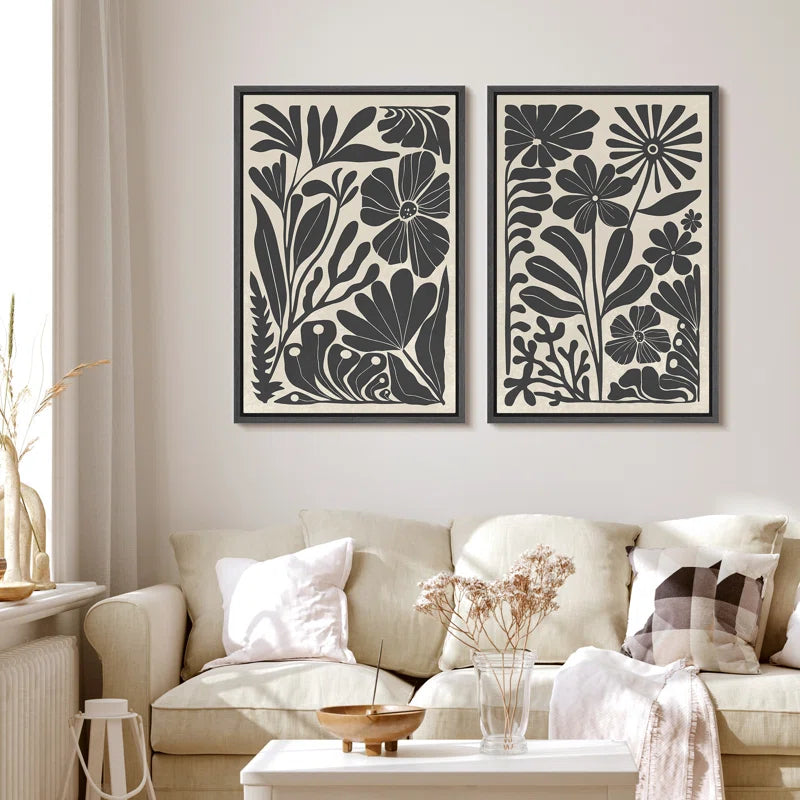 Abstract Botanical " Unique Black and White Floral Modern Boho Framed Canvas Print 2 Pieces Wall Art