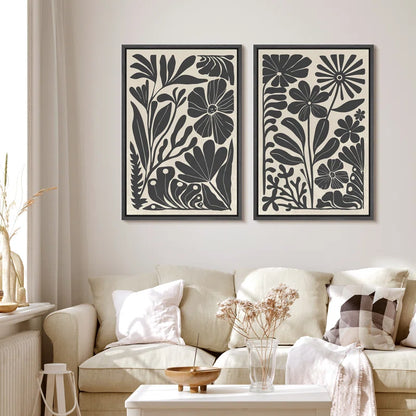 Abstract Botanical " Unique Black and White Floral Modern Boho Framed Canvas Print 2 Pieces Wall Art