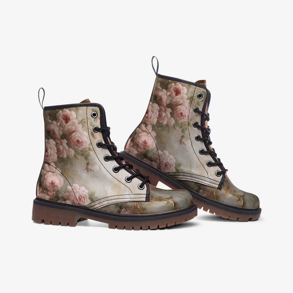 Emerald Blossoms - Pink Painted Roses Casual Leather Lightweight Boots for Hippies