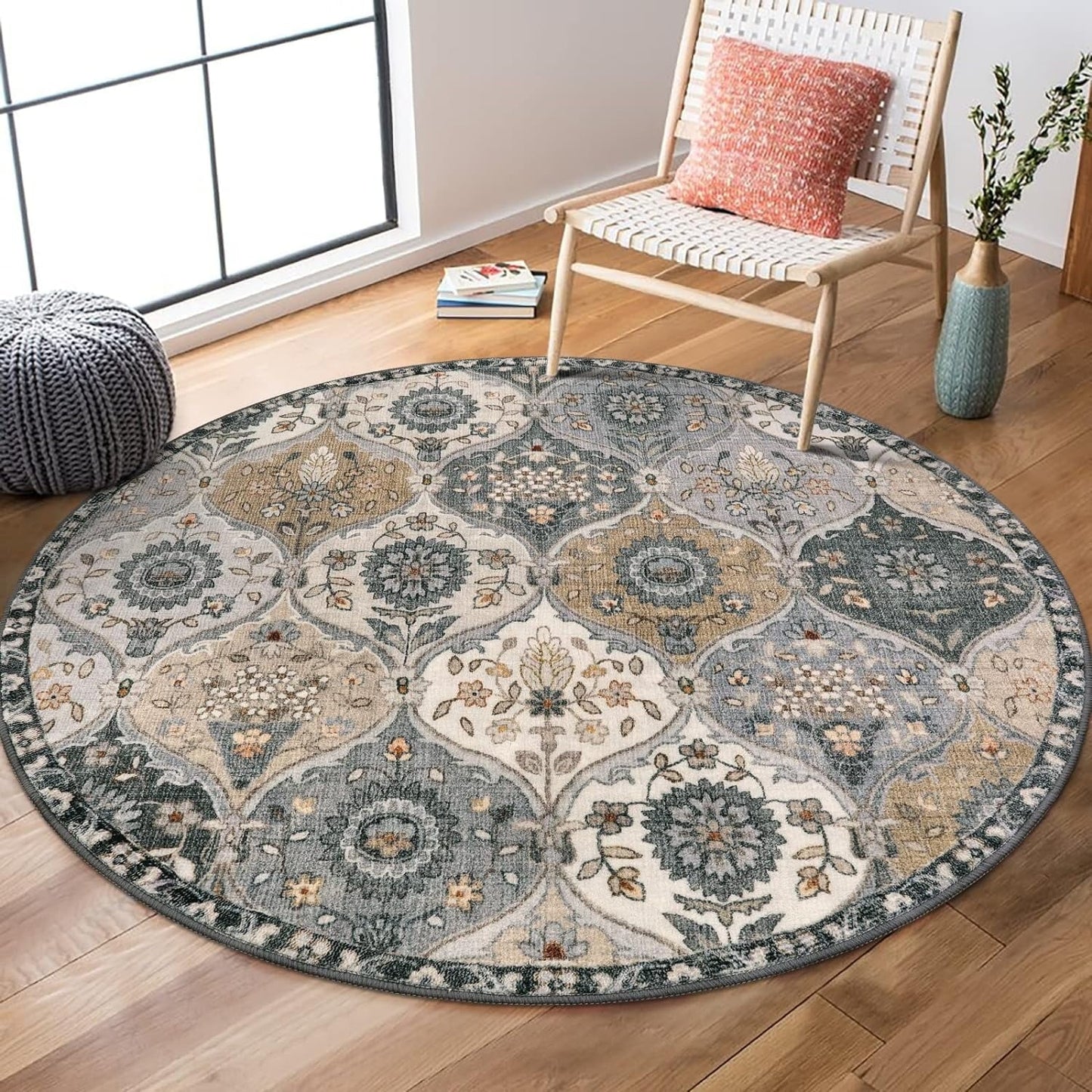 5'X7' Area Rug for Living Room Non-Slip Moroccan Indoor Washable Rug Ultra-Thin Foldable Soft Carpet Floral Accent Throw Rug for Kitchen Entryway Bathroom Bedroom Office Carpet,Grey