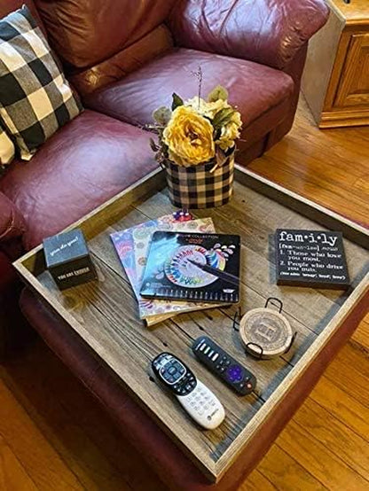 Farmhouse Rustic Weathered Reclaimed Wood 18 X 18 Inch Square Ottoman Tray for Coffee Table or Kitchen Counter Decor