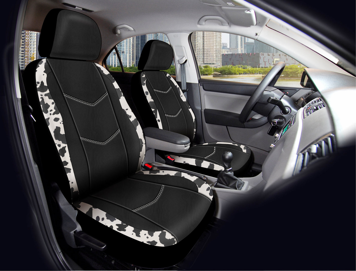 Universal Fit Black,White Cow Faux Leather Car Seat and Headrest Cover, Set of 2