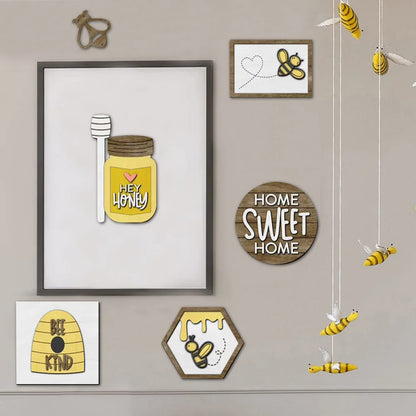 Set of 12 Bee Wooden Sign Tiered Tray Decor , Bumble Bee Wood Block Spring Summer Farmhouse Bee Home Kitchen Decor Self-Standing Display for Tray, Mantel, Bar, Shelf