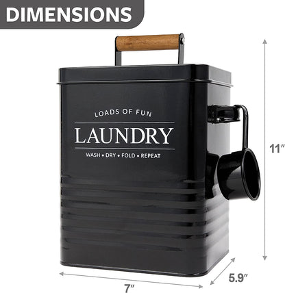 Modern Farmhouse Metal Laundry Soap Dispenser Container Holder with Scoop for Laundry Room Decor and Space Saving Laundry Room Organization and Storage, Laundry Powder Container, Black