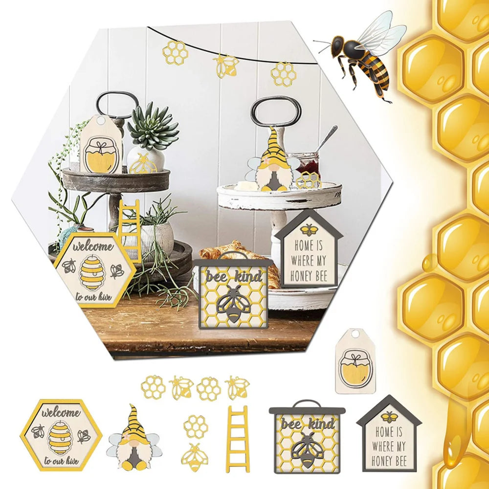 Set of 12 Bee Wooden Sign Tiered Tray Decor , Bumble Bee Wood Block Spring Summer Farmhouse Bee Home Kitchen Decor Self-Standing Display for Tray, Mantel, Bar, Shelf