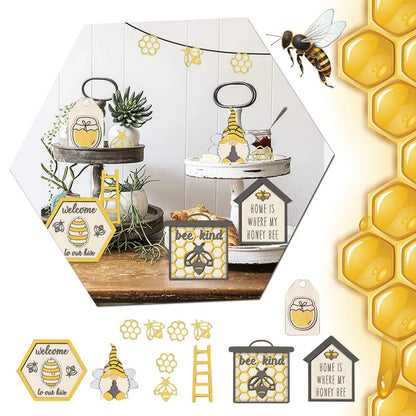 Set of 12 Bee Wooden Sign Tiered Tray Decor , Bumble Bee Wood Block Spring Summer Farmhouse Bee Home Kitchen Decor Self-Standing Display for Tray, Mantel, Bar, Shelf