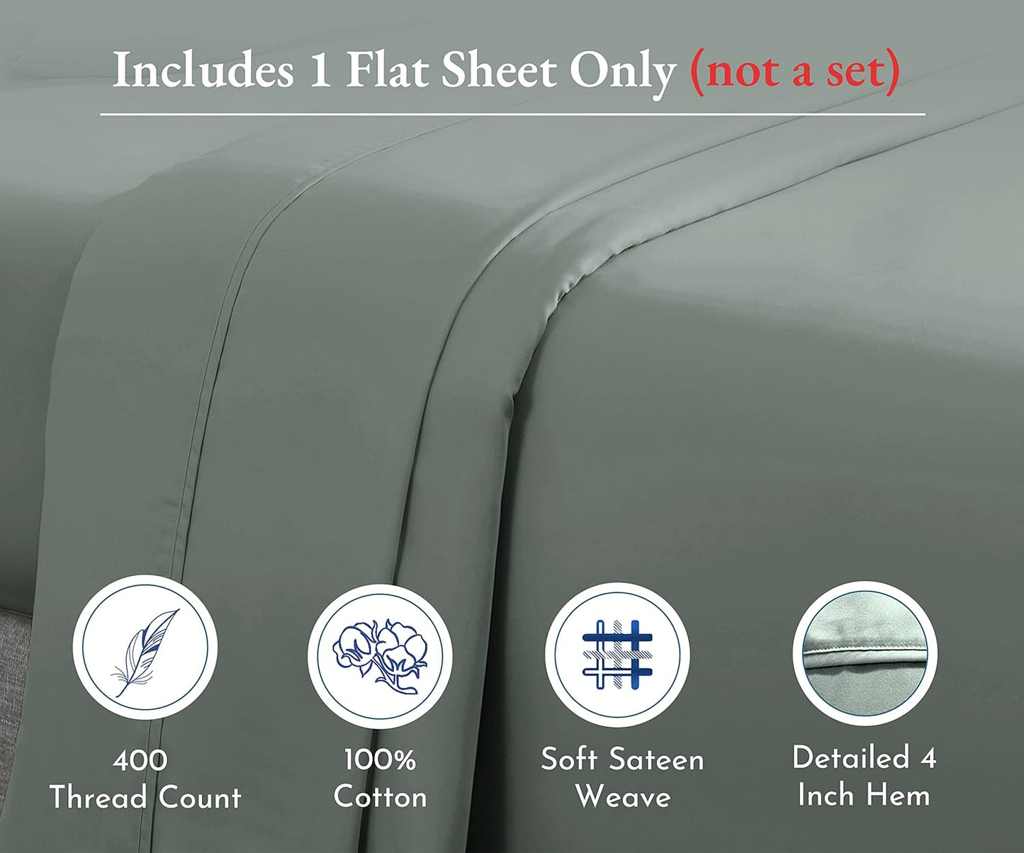 Soft Queen Flat Sheet Cotton Durable, 100% Cotton Sheet, 400 Thread Count Sateen, Smooth & Breathable Hotel Quality Top Sheet Only (Sage Green)