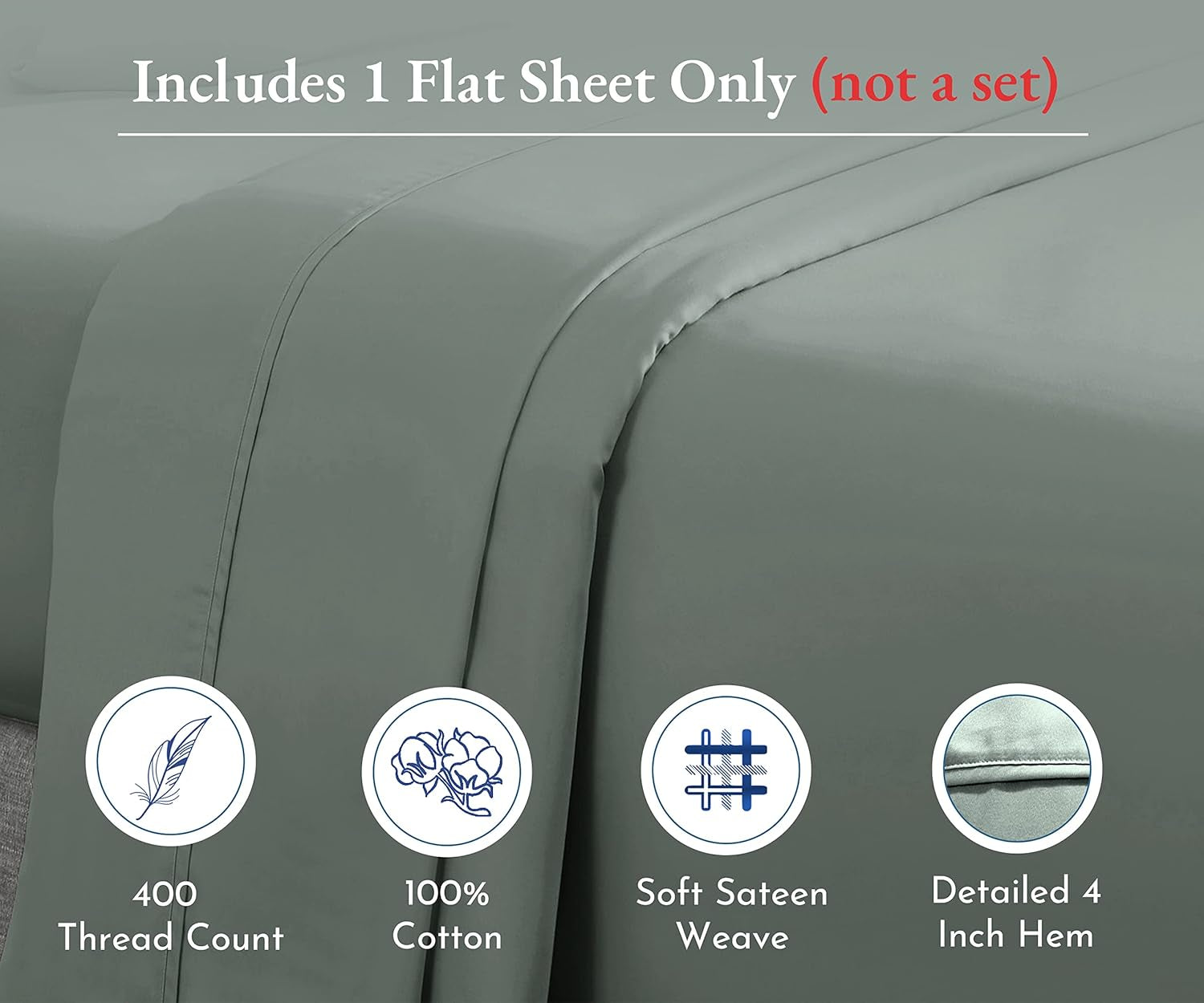 Soft Queen Flat Sheet Cotton Durable, 100% Cotton Sheet, 400 Thread Count Sateen, Smooth & Breathable Hotel Quality Top Sheet Only (Sage Green)