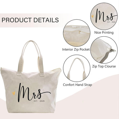 Mrs. Bag 2025 Future Mrs Bride Gifts for Wedding Engagement Bachelorette Party Honeymoon Bridal Shower Gifts for Bride to Be Tote Canvas Cotton Beach Shoulder Bag with Zipper and Pocket