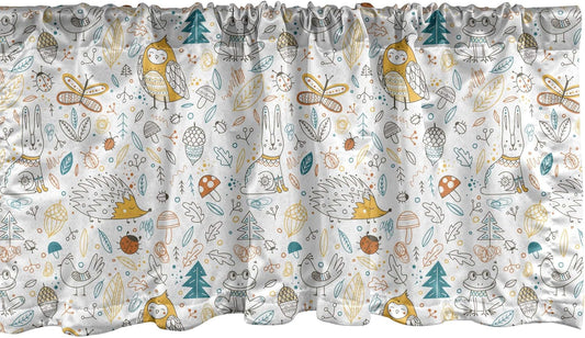 Cartoon Window Valance, Forest Animals and Nature Elements Leaves, Curtain Valance for Kitchen Bedroom Decor with Rod Pocket, 54" X 18", Multicolor
