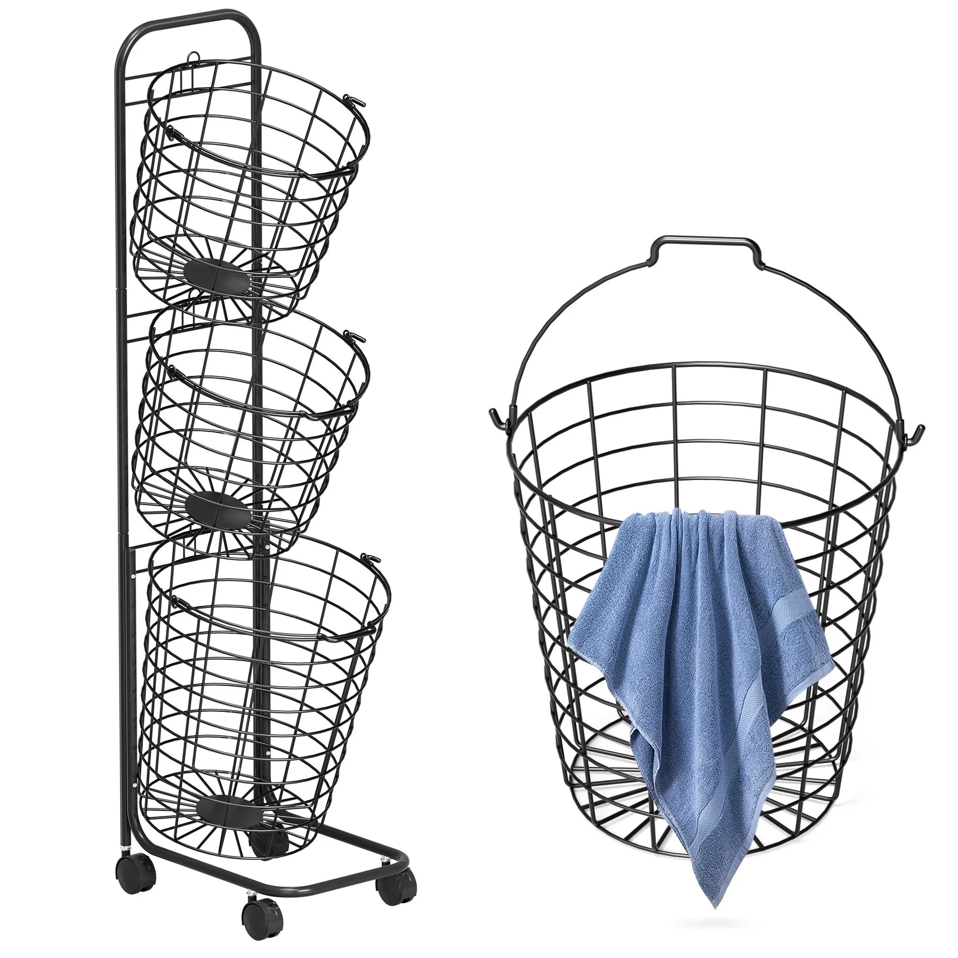 Removable 3 Tier Metal Rolling Laundry Basket Cart,Large Capacity Wire Basket Laundry Hamper with Wheels, Laundry Butler for Bathroom Bedroom Laundry Room, Black