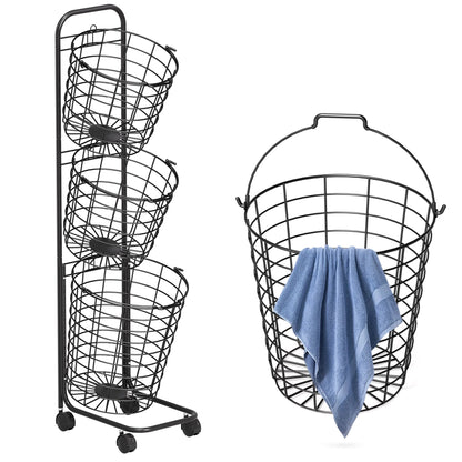 Removable 3 Tier Metal Rolling Laundry Basket Cart,Large Capacity Wire Basket Laundry Hamper with Wheels, Laundry Butler for Bathroom Bedroom Laundry Room, Black