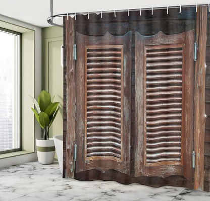 Western Shower Curtain, Antique Themed Traditional Rustic Wild West Swinging Wooden Cowboy Bar Saloon Door, Cloth Fabric Bathroom Decor Set with Hooks, 69" W X 70" L, Brown Dark