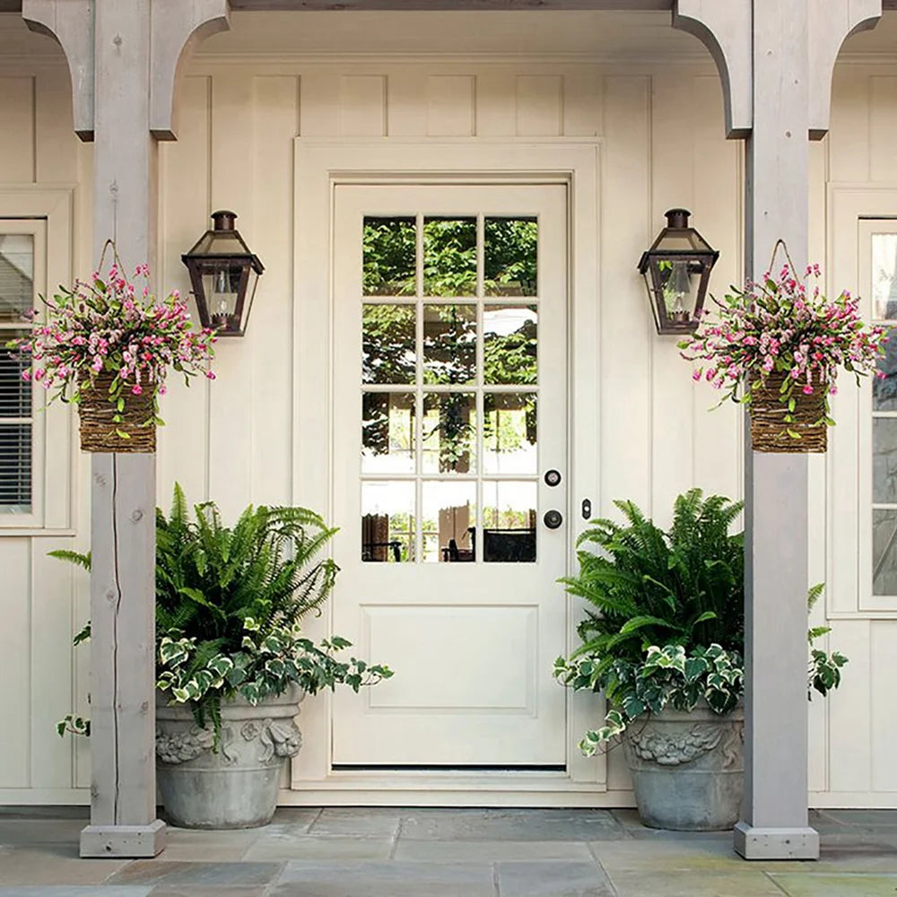 Wildflowers Hanging Basket Wreath, Artificial Spring Wreath for Front Door, Wall Hanging Flower Bucket Rustic Farmhouse Wrea