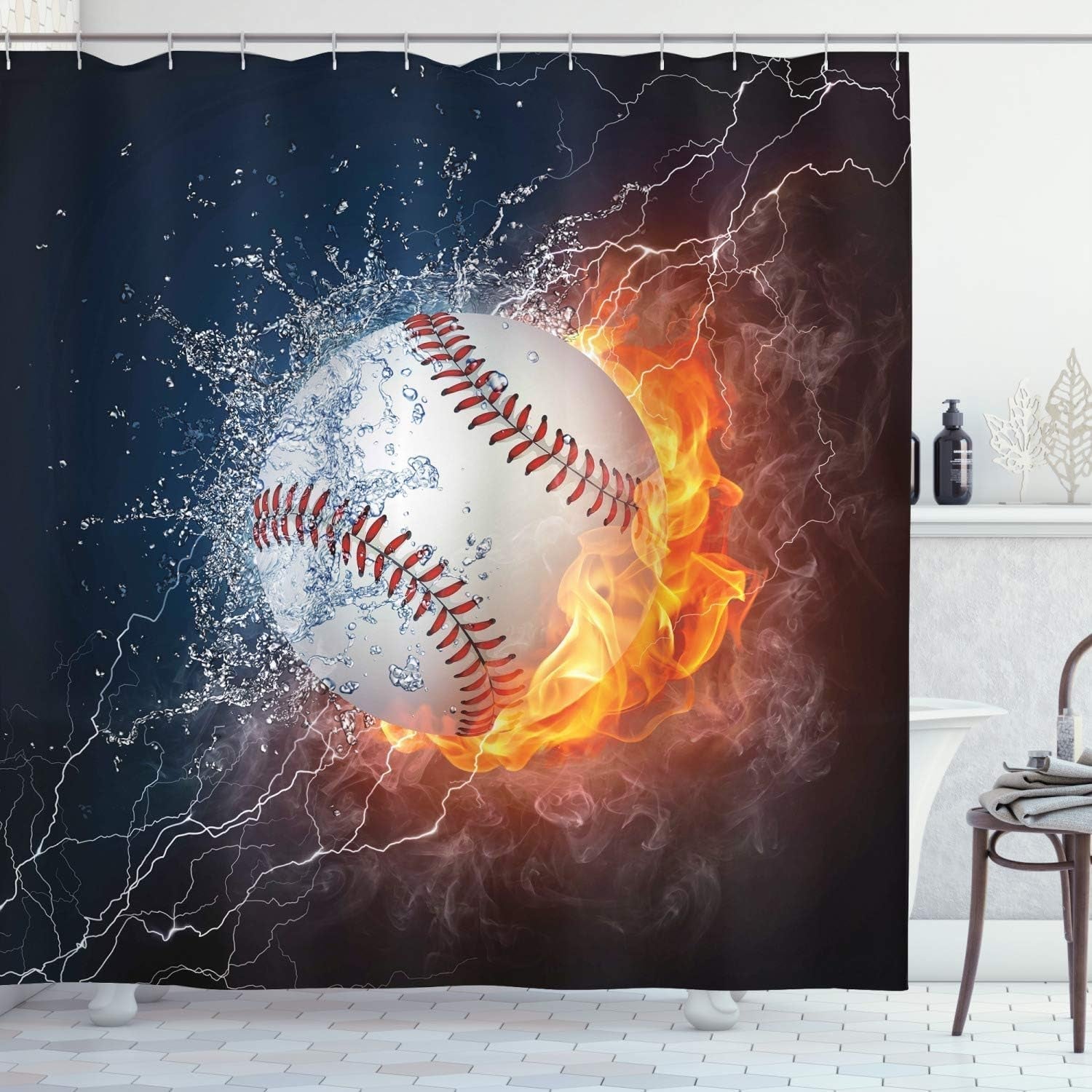 Sports Shower Curtain, Baseball Ball and Water Splashing Thunder Creative Art Themed Print, Cloth Fabric Bathroom Decor Set with Hooks, 69" W X 70" L, Blue and Burgundy